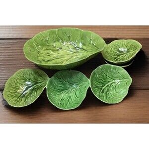 Vintage 1967 Handmade Green Cabbage Leaf Ceramic Salad Plates & Serving Bowl Set